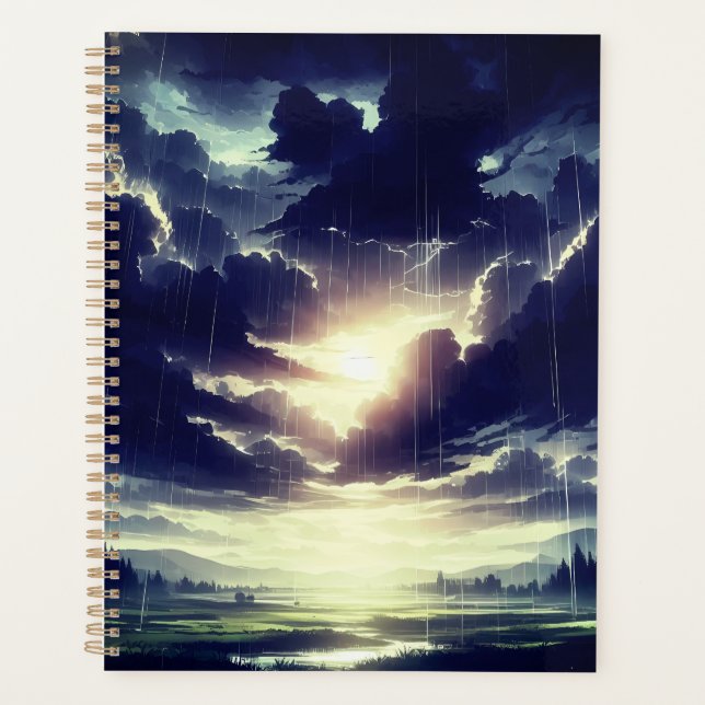 Stormy Sunset Rain Over Serene Valley Planner (Front)