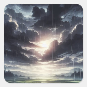 Stormy Sunset Rain Over Serene Valley Square Sticker