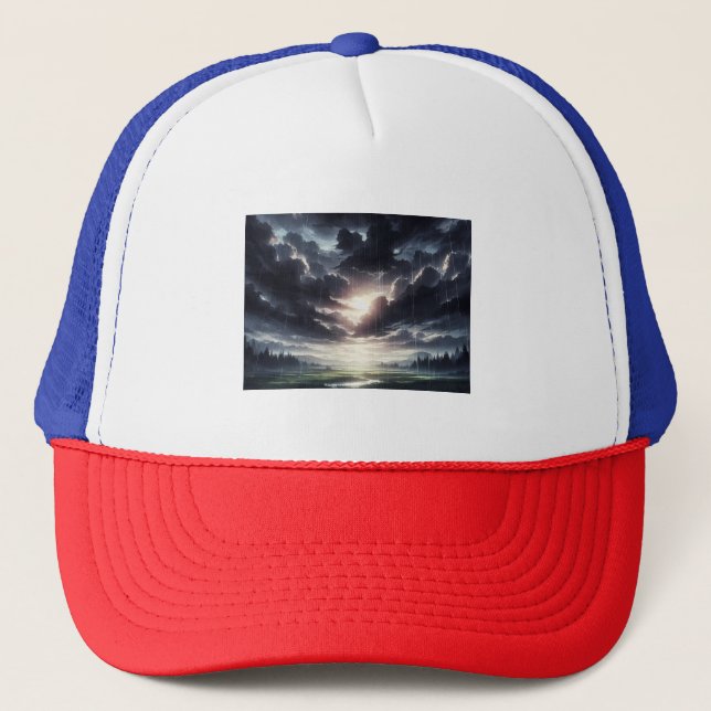 Stormy Sunset Rain Over Serene Valley Trucker Hat (Front)
