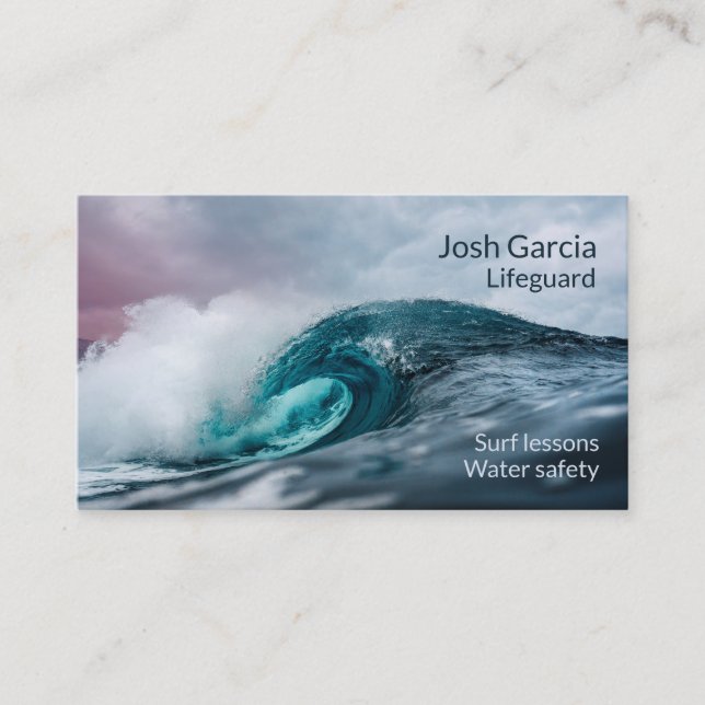 Stormy Teal Blue Ocean Wave Lifeguard Surf Lessons Business Card (Front)