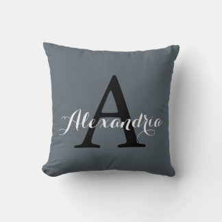 Stormy Weather Slate Grey Solid Colour Monogram Cushion