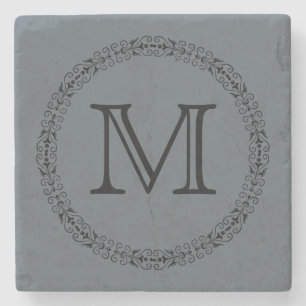 Stormy Weather Slate Grey Solid Colour Monogram Stone Coaster