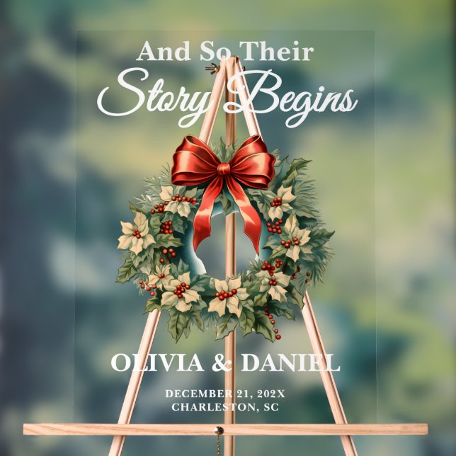 Story Begins Christmas Wreath Wedding Welcome Acrylic Sign (Neutral)