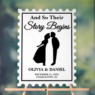 Story Begins Postage Stamp Wedding Welcome Acrylic Sign