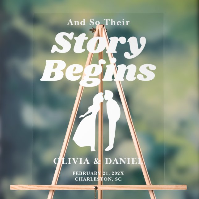 Story Begins Retro Groovy Wedding Welcome Acrylic Sign (Neutral)