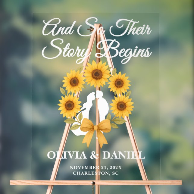 Story Begins Sunflower Wreath Fall Wedding Welcome Acrylic Sign (Neutral)