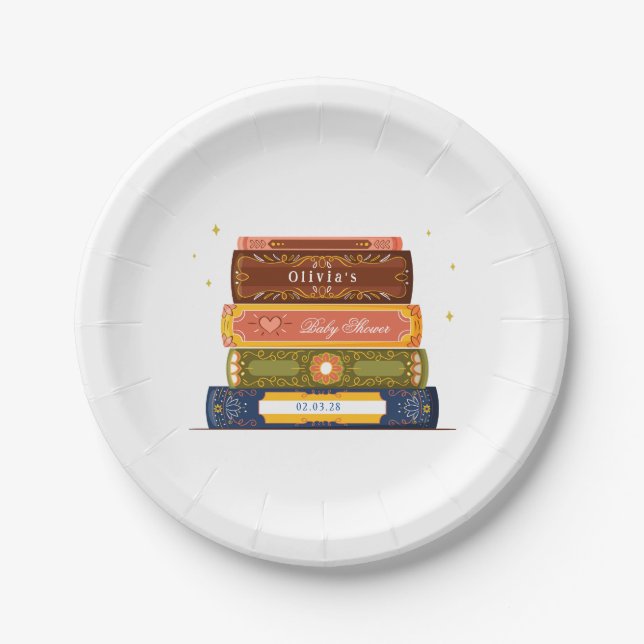 Story Book Library Onto Next Chapter Baby Shower Paper Plate (Front)