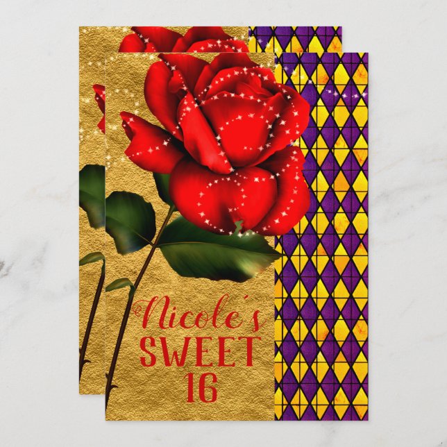 Storybook Beauty Red Sparkle Rose Sweet 16 Invitation (Front/Back)