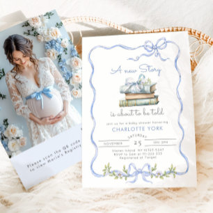 Storybook Blue Bow QR rsvp Baby Shower Invitation