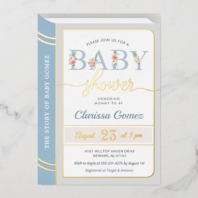 Storybook Book Library Baby Boy Shower Blue Gold (Front)