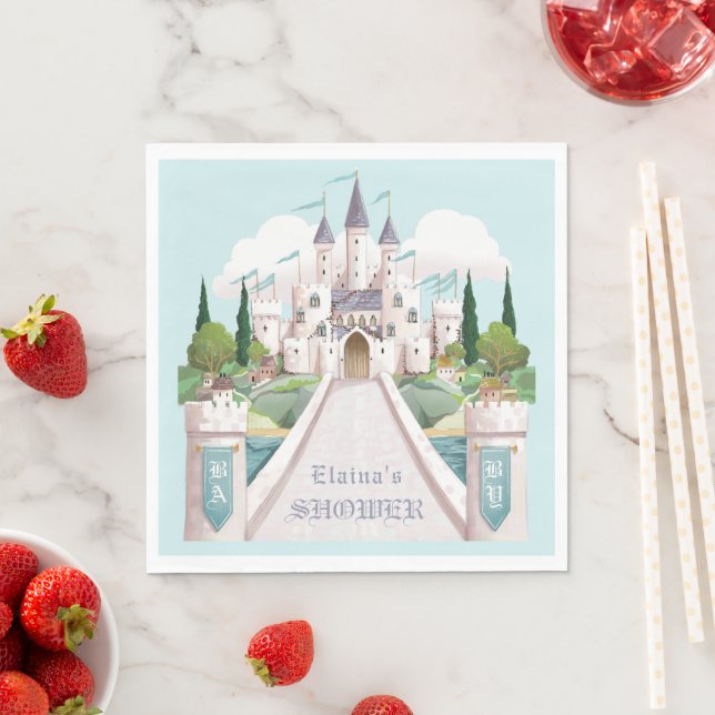 Storybook Castle Illustrated Blue Baby Shower Napkin (Insitu)