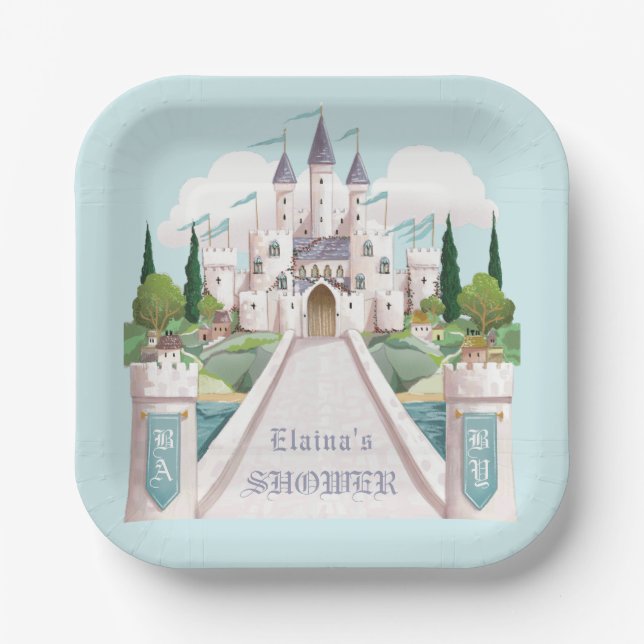 Storybook Castle Illustrated Blue Baby Shower Paper Plate (Front)