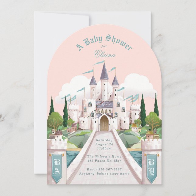 Storybook Castle Illustrated Pink Baby Shower Invitation (Front)