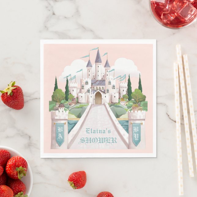 Storybook Castle Illustrated Pink Baby Shower Napkin (Insitu)