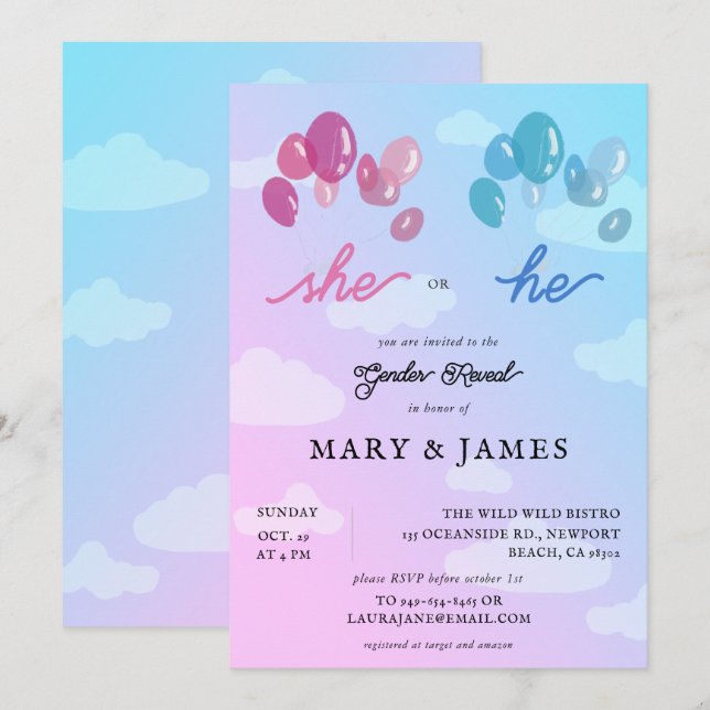 Storybook Cute Balloons Clouds Gender Reveal Party Invitation (Front/Back)