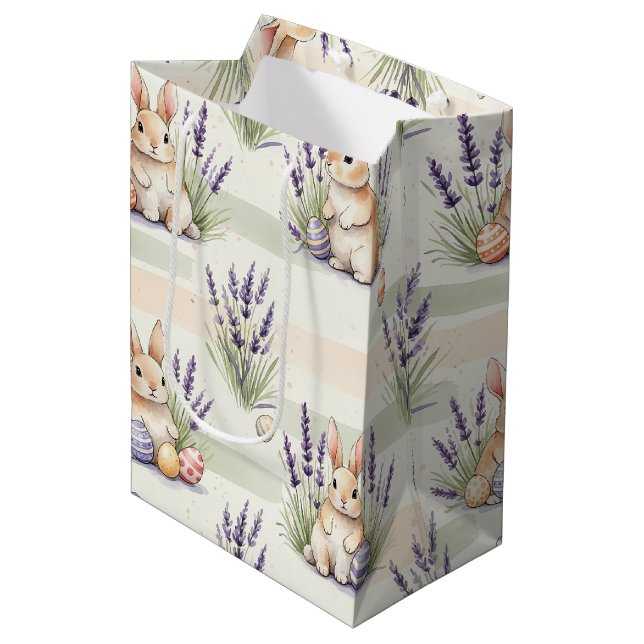 Storybook Easter Rabbit Lavender Egg Stripes Medium Gift Bag (Front Angled)