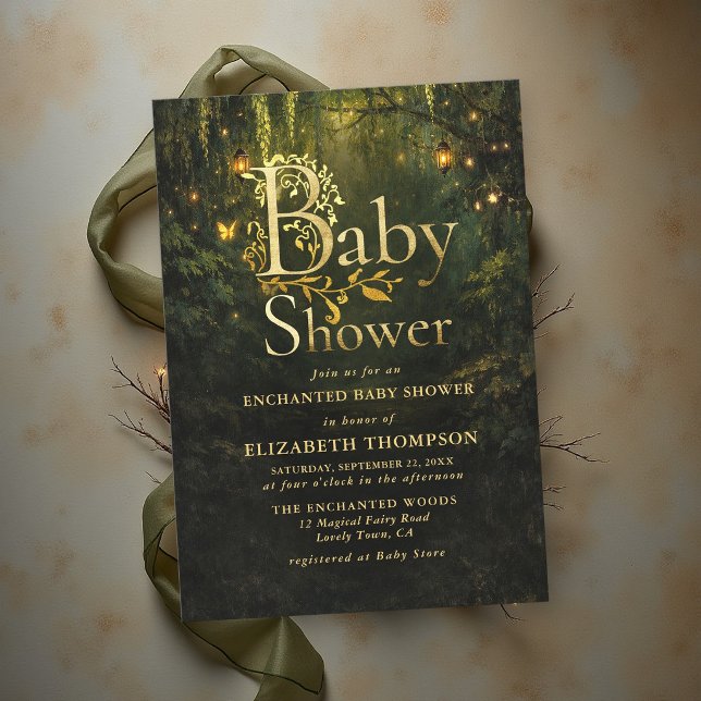 Storybook Enchanted Forest Lanterns Baby Shower Invitation (enchanted forest baby shower storybook fairytale golden lanterns butterflies magical fairy woodland)
