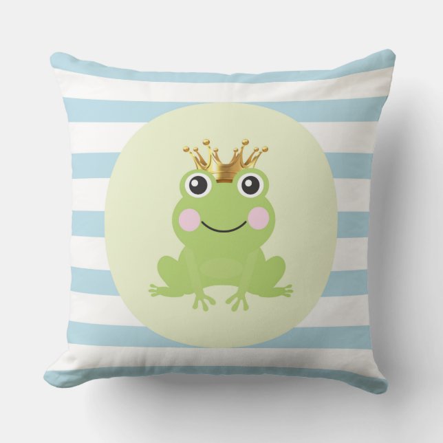 Storybook Fairy Tale Frog Prince Blue Stripes Cushion (Front)
