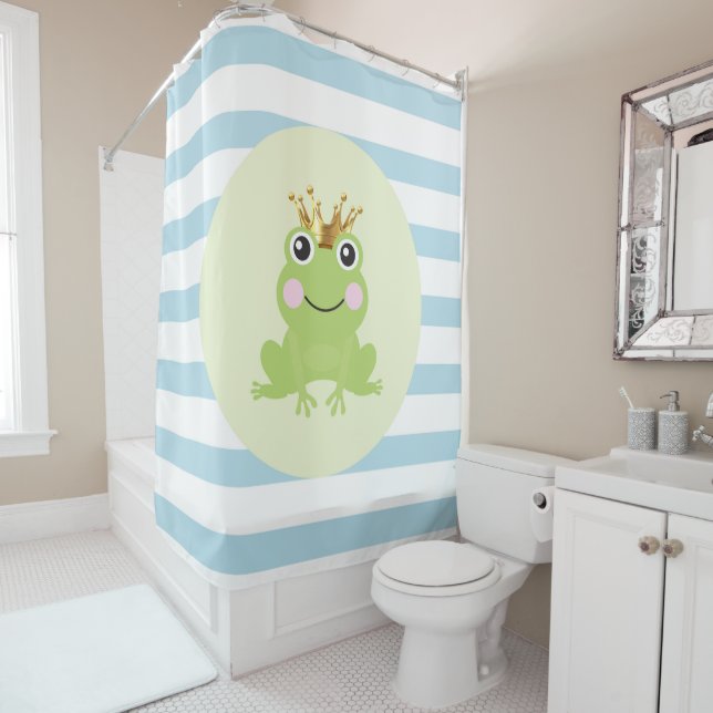 Storybook Fairy Tale Frog Prince Blue Stripes Shower Curtain (In Situ)