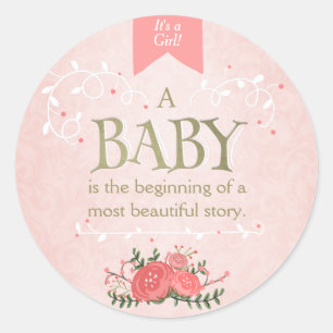 Storybook Girl baby shower Pink Gold Sticker seal