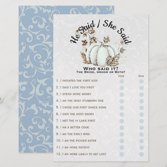 Storybook Gold White Pumpkin Bridal Shower Game (Front/Back)