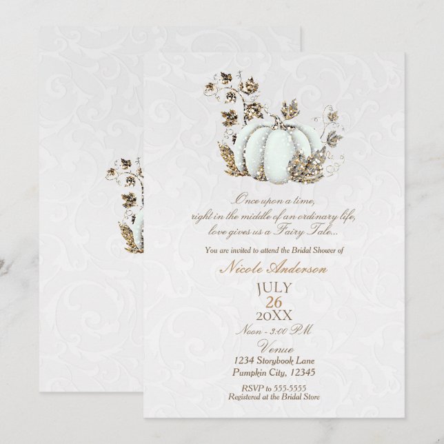 Storybook Gold White Pumpkin Fairy Tale Bridal Invitation (Front/Back)