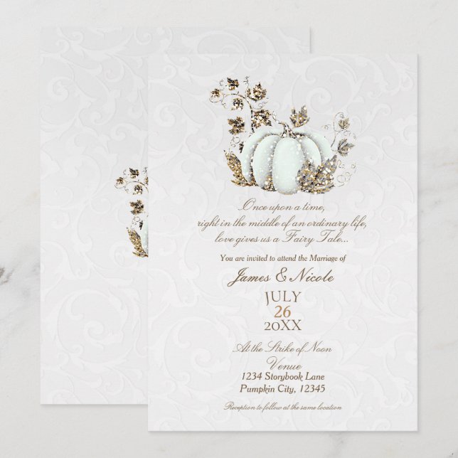 Storybook Gold White Pumpkin Fairy Tale Wedding Invitation (Front/Back)