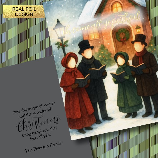 Storybook Illustration Faceless Christmas Carolers Foil Holiday Card (Creator Uploaded)