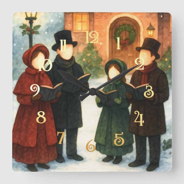 Storybook Illustration Faceless Christmas Carolers Square Wall Clock (Front)