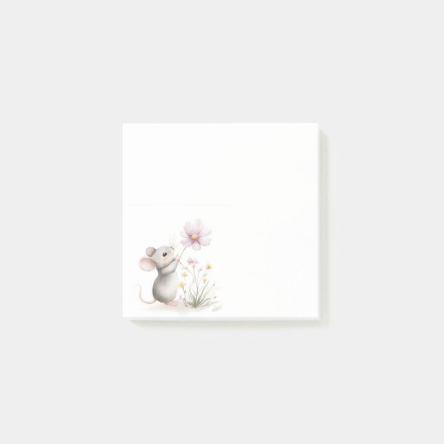 Storybook Mouse Picking a Pink Wildflower Post-it Notes (Front)