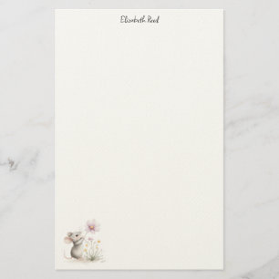 Storybook Mouse Picking a Pink Wildflower Stationery