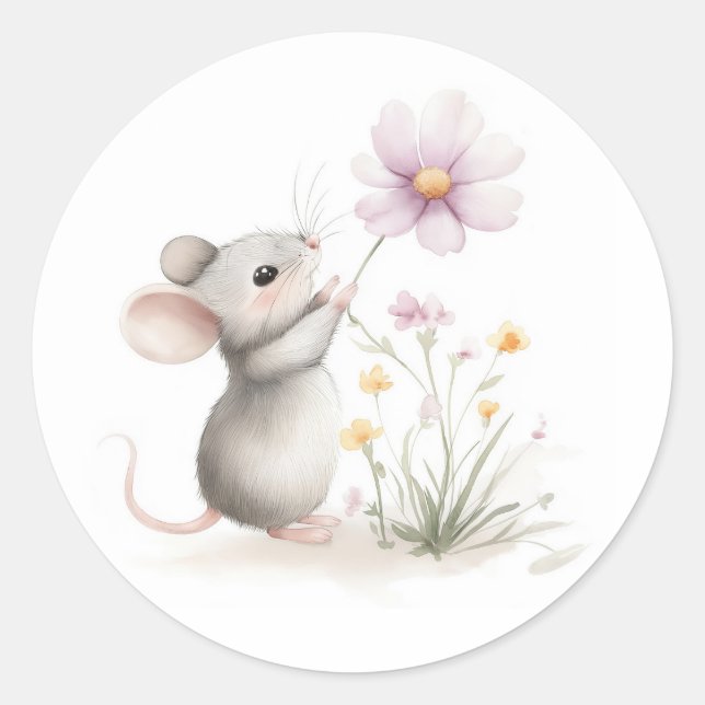 Storybook Mouse Picking Pink Wildlfower Classic Round Sticker (Front)