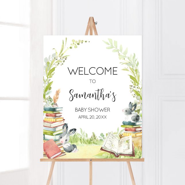 Storybook New Chapter Baby Shower Welcome Poster (Vintage Storybook Rabbit Baby Shower Welcome Sign)