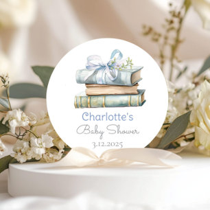 Storybook New Chapter Blue bow baby boy shower Classic Round Sticker