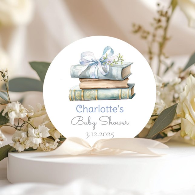 Storybook New Chapter Blue bow baby boy shower Classic Round Sticker (Creator Uploaded)