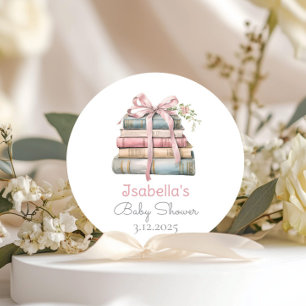 Storybook New Chapter Pink bow girl baby shower Classic Round Sticker