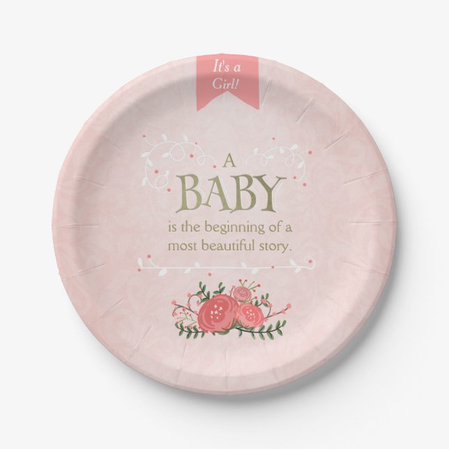 Storybook Paper Plates Baby shower Girl Pink Gold (Front)