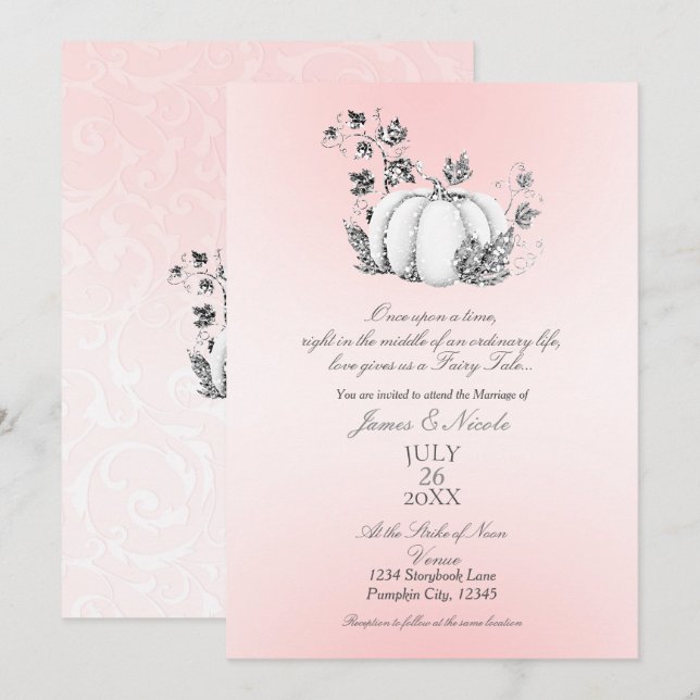 Storybook Pink & Silver Pumpkin Fairy Tale Wedding Invitation (Front/Back)