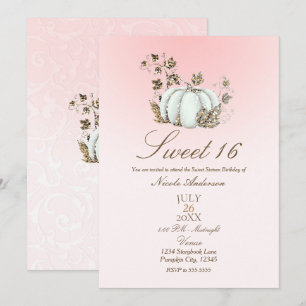 Storybook Pink White Pumpkin Fairy Tale Sweet 16 Invitation