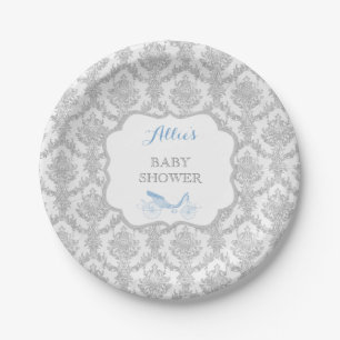 Storybook Prince Carriage Blue Damask Fairytale Paper Plate