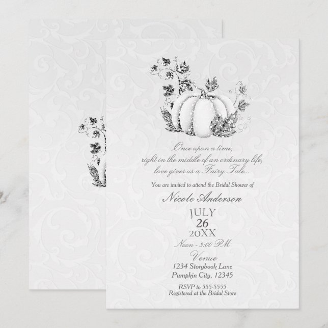 Storybook Silver White Pumpkin Fairy Tale Bridal Invitation (Front/Back)