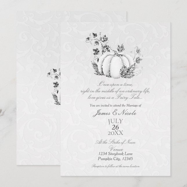 Storybook Silver White Pumpkin Fairy Tale Wedding Invitation (Front/Back)