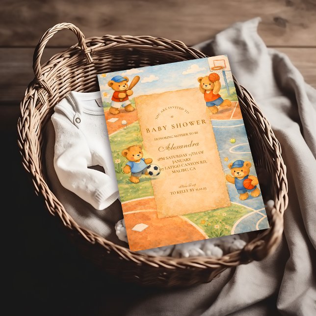 Storybook Sports Teddy Bears Baby Shower Invitation (Creator Uploaded)