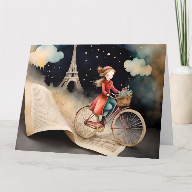 Storybook Watercolor Paris Bicycle Ride Card (Front)