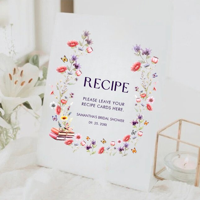 Storybook Wildflower Bridal Shower Recipe Pedestal Sign (Storybook wildflower bridal shower recipe sign with watercolor florals and boho charm.)