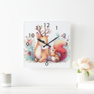 Storybook Woodland Babies Deer And Chipmunk Square Wall Clock