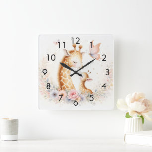 Storybook Woodland Babies Giraffe And Baby Square Wall Clock