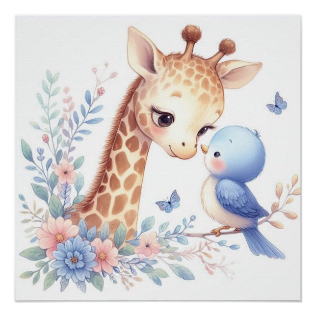 Storybook Woodland Babies Giraffe And Blue Bird Poster (Front)