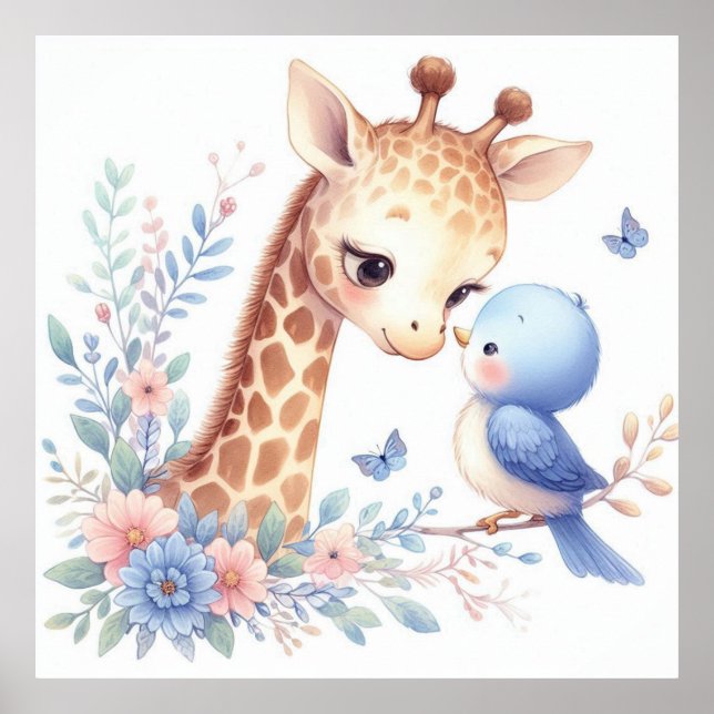 Storybook Woodland Babies Giraffe And Blue Bird Poster (Front)