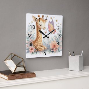 Storybook Woodland Babies Giraffe Butterfly Square Wall Clock